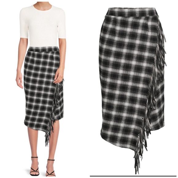 Time and Tru Dresses & Skirts - Nwt Time and Tru Women's Fringed Faux Wrap Skirt new black white plaid X